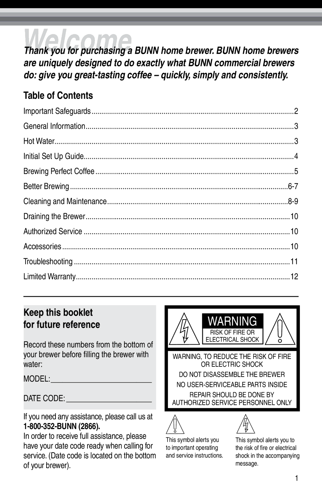 Bunn 38200.0016, Bunn BTX-B manual Welcome, Table of Contents 