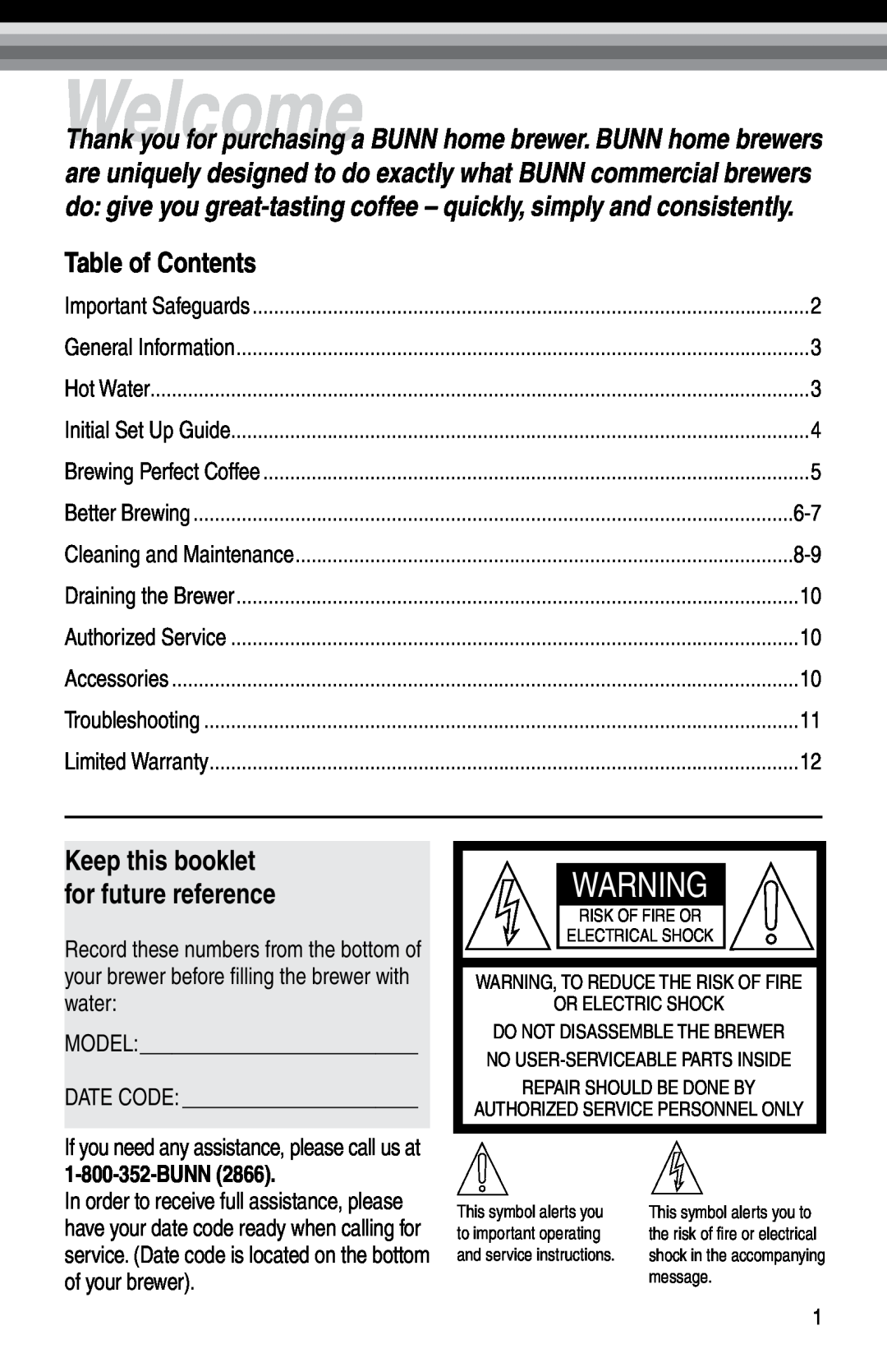 Bunn 38200.0016, Bunn BTX-B manual Table of Contents, Welcome 