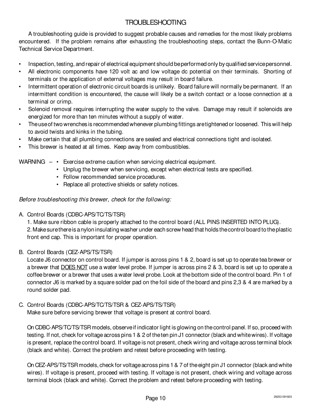 Bunn CDBC, CEZF service manual Troubleshooting, Before troubleshooting this brewer, check for the following 