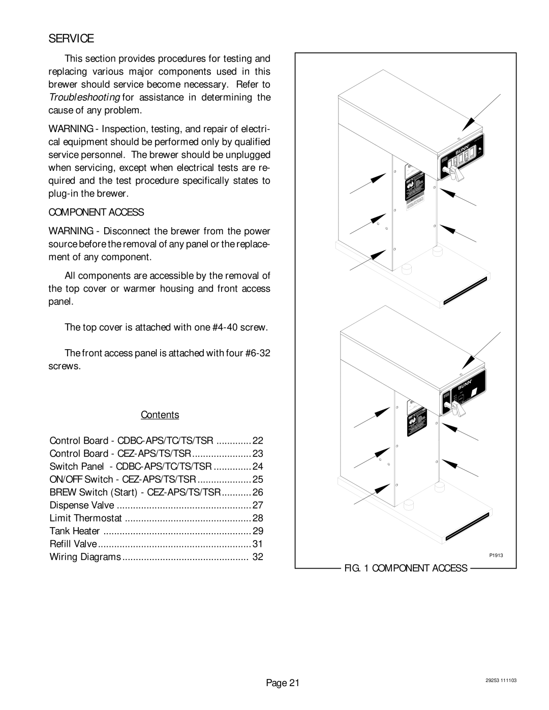 Bunn CEZF, CDBC service manual Service, Component Access, Contents 