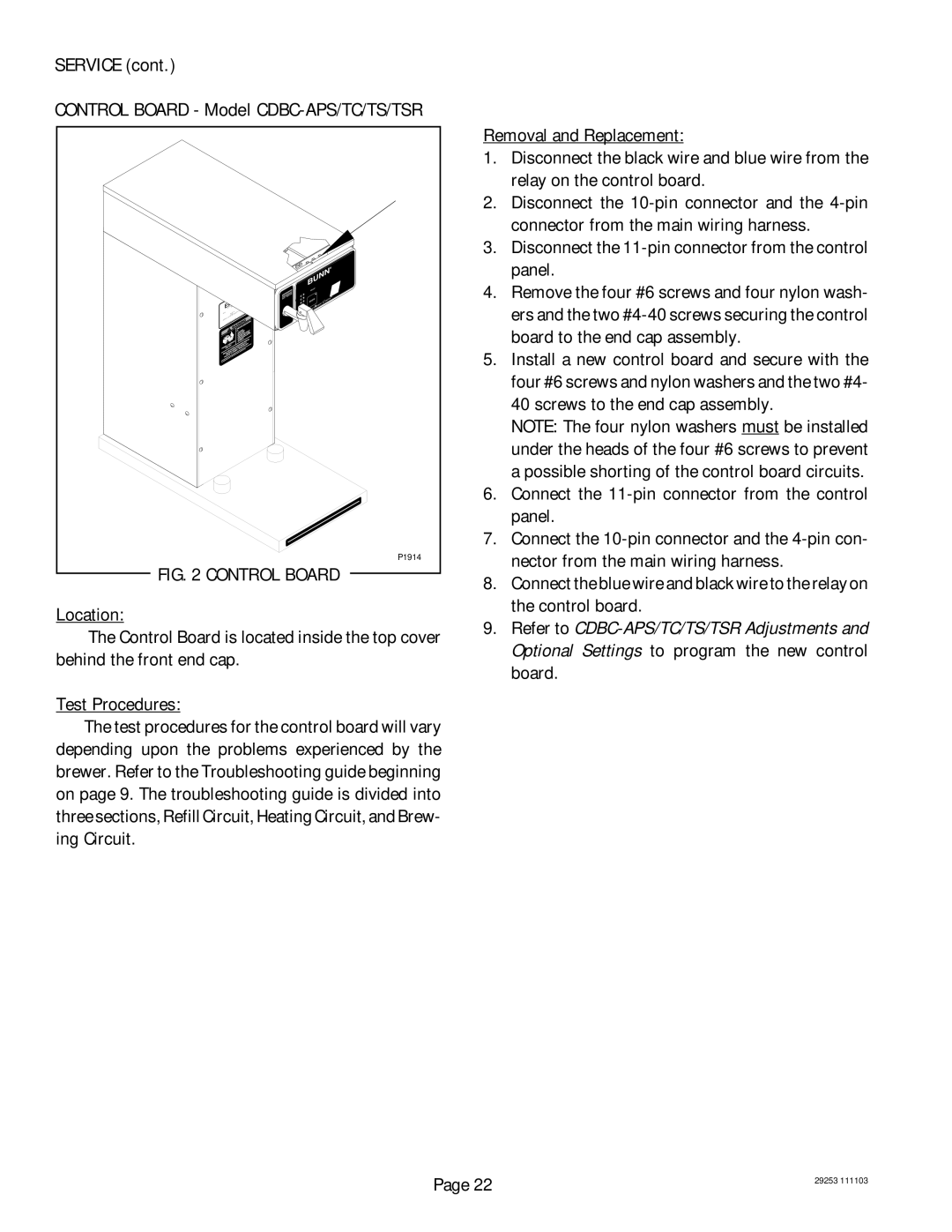 Bunn CDBC, CEZF service manual Service, Control Board 