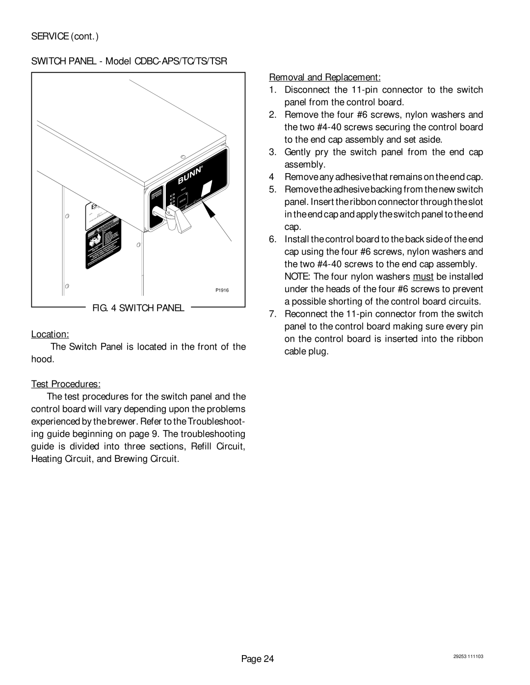 Bunn CEZF service manual Service Switch Panel Model CDBC-APS/TC/TS/TSR 