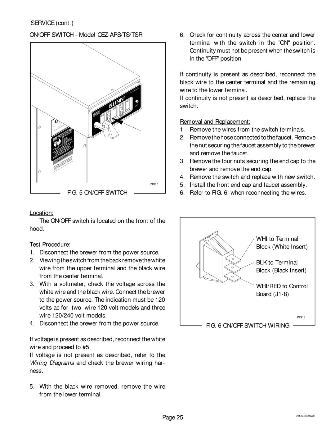 Bunn CEZF, CDBC service manual ON/OFF Switch Wiring 