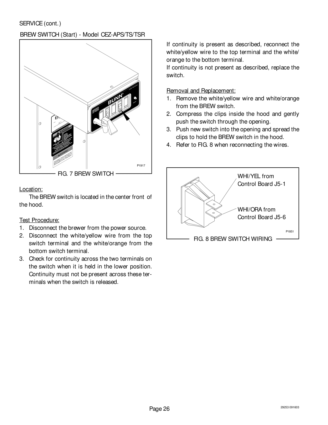 Bunn CDBC, CEZF service manual Service Brew Switch Start Model CEZ-APS/TS/TSR, Brew Switch Wiring 