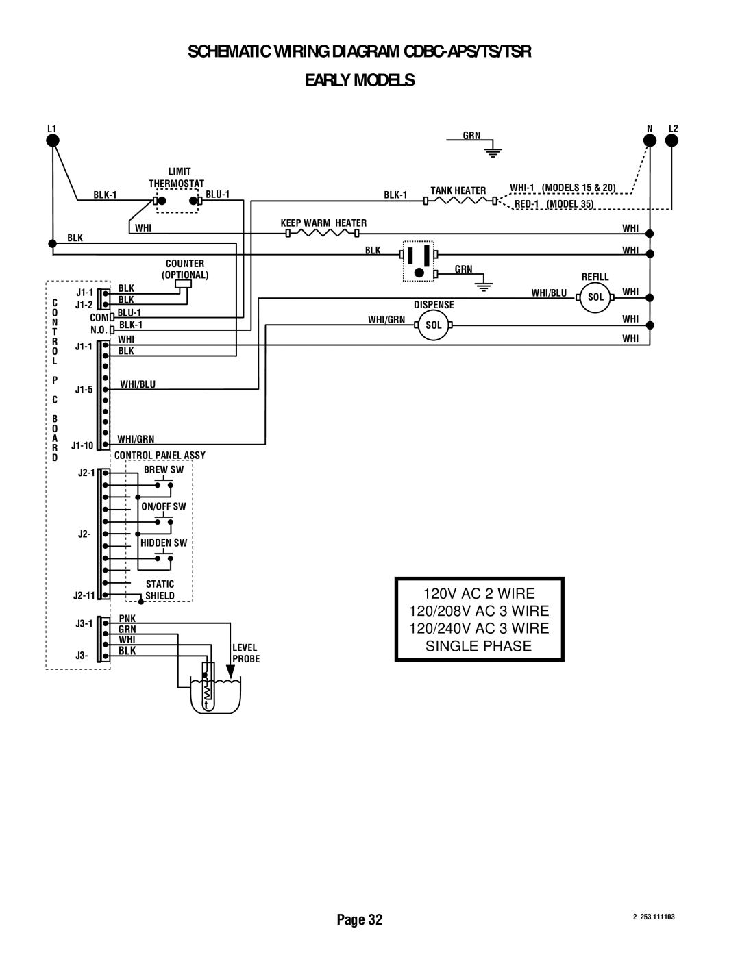 Bunn CDBC, CEZF service manual 120V AC 2 Wire 120/208V AC 3 Wire 120/240V AC 3 Wire, Levelsingle Phase 