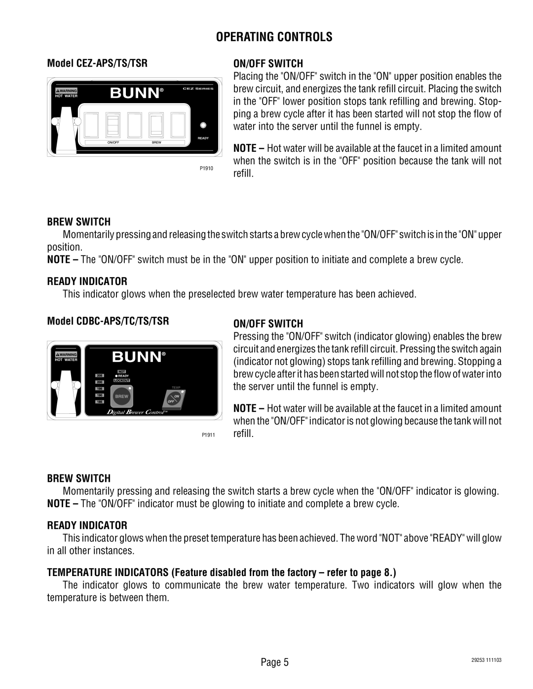 Bunn CEZF, CDBC service manual Operating Controls, ON/OFF Switch, Brew Switch, Ready Indicator 