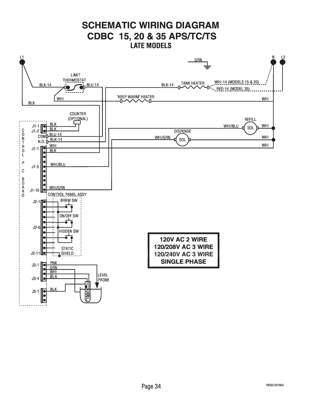 Bunn CEZF CDBC 15, 20 & 35 APS/TC/TS, 120V AC 2 WIRE, 120/208V AC 3 WIRE, 120/240V AC 3 WIRE, Schematic Wiring Diagram 