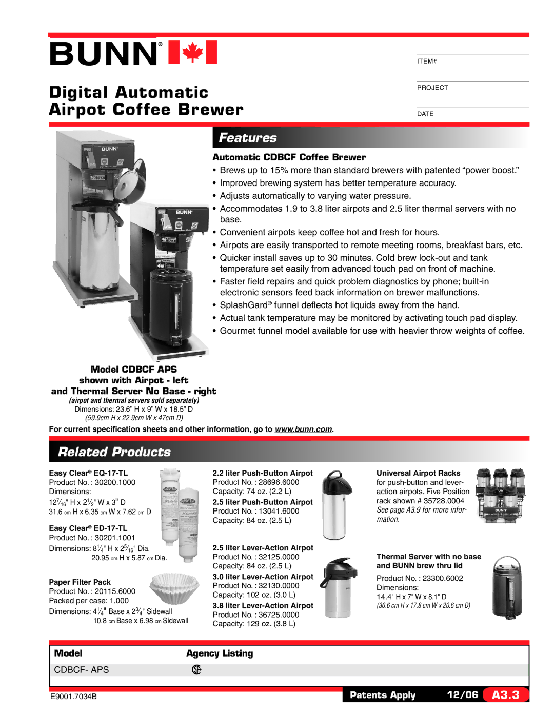 Bunn CDBCF- APS specifications Digital Automatic Airpot Coffee Brewer, Features, Related Products, Model Agency Listing 