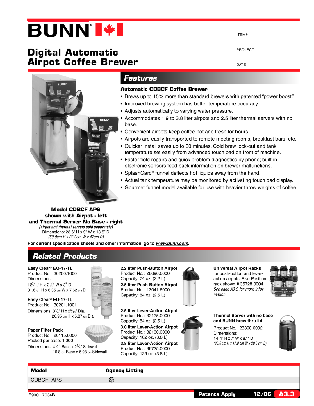 Bunn CDBCF- APS specifications Features, Related Products, Digital Automatic Airpot Coffee Brewer, Model, Agency Listing 
