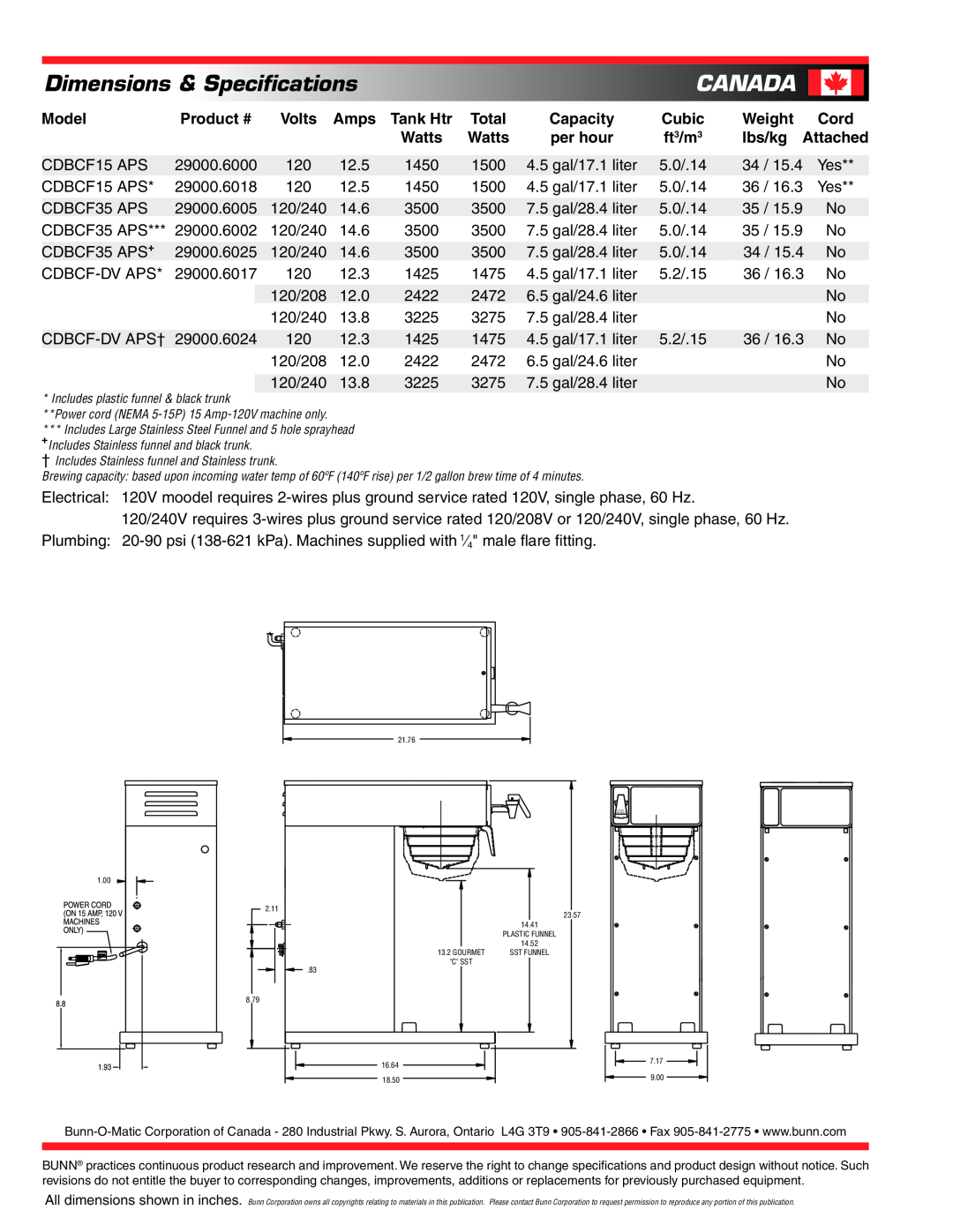 Bunn CDBCF- APS Canada, Dimensions & Specifications, Model, Product #, Volts, Amps, Tank Htr, Capacity, Cubic, Weight 