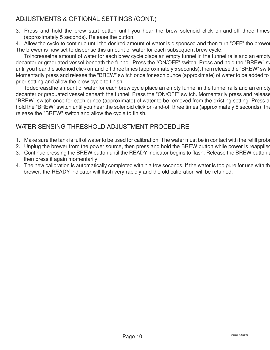 Bunn CDBC-DV, CDBCF-DV, CDBC APS-DV, CDBC-MV, CDBCF APS-MV, CDBCF APS-DV, CDBCF-MV Water Sensing Threshold Adjustment Procedure 