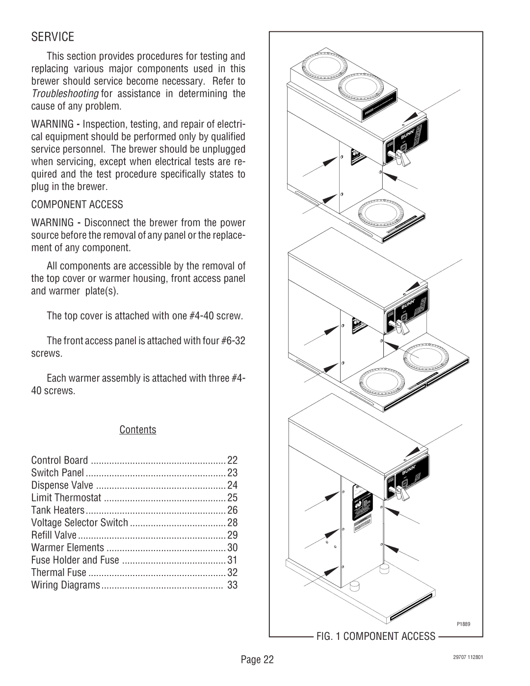 Bunn CDBC APS-DV, CDBCF-DV, CDBC-MV, CDBC-DV Service, When servicing, except when electrical tests are re, Component Access 