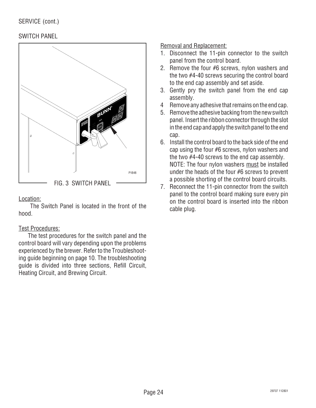 Bunn CDBC-DV, CDBCF-DV, CDBC APS-DV, CDBC-MV, CDBCF APS-MV, CDBCF APS-DV, CDBCF-MV service manual Switch Panel 