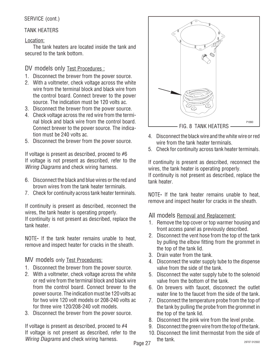 Bunn CDBCF-MV, CDBCF-DV, CDBC APS-DV, CDBC-MV, CDBC-DV, CDBCF APS-MV, CDBCF APS-DV service manual Tank Heaters 