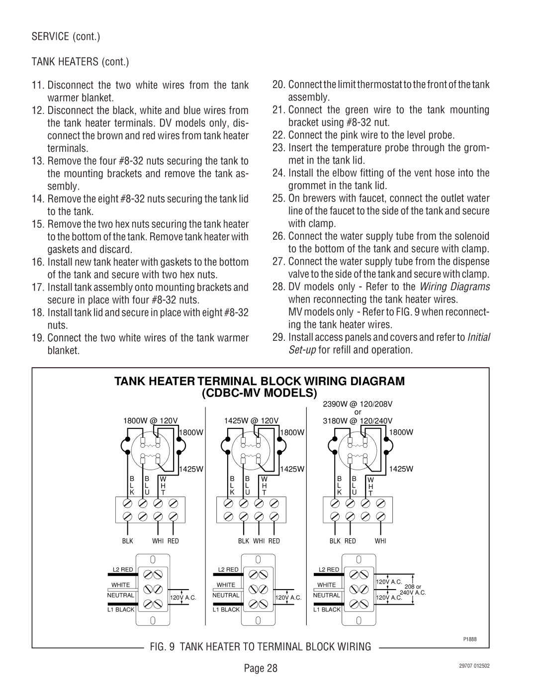 Bunn CDBCF-DV, CDBC APS-DV, CDBC-MV, CDBC-DV, CDBCF APS-MV, CDBCF APS-DV, CDBCF-MV Tank Heater Terminal Block Wiring Diagram 