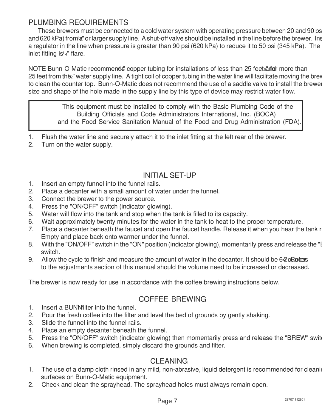 Bunn CDBCF-DV, CDBC APS-DV, CDBC-MV, CDBC-DV, CDBCF APS-MV Plumbing Requirements, Initial SET-UP, Coffee Brewing, Cleaning 