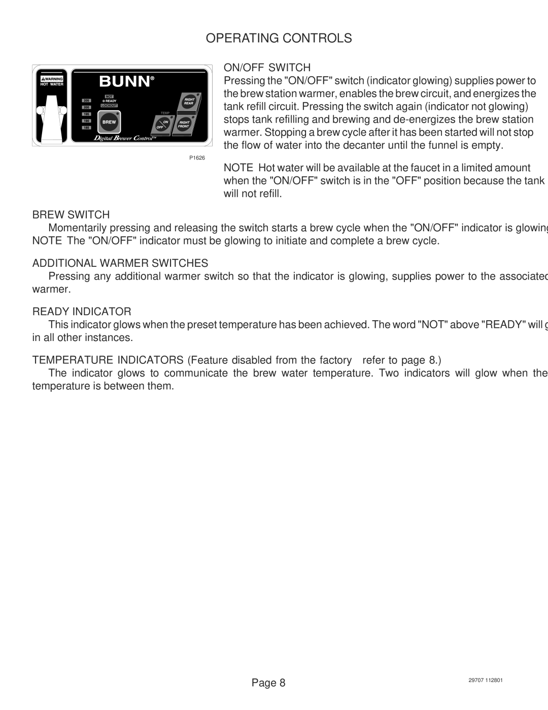 Bunn CDBC APS-DV, CDBCF-DV Operating Controls, ON/OFF Switch, Brew Switch, Additional Warmer Switches, Ready Indicator 