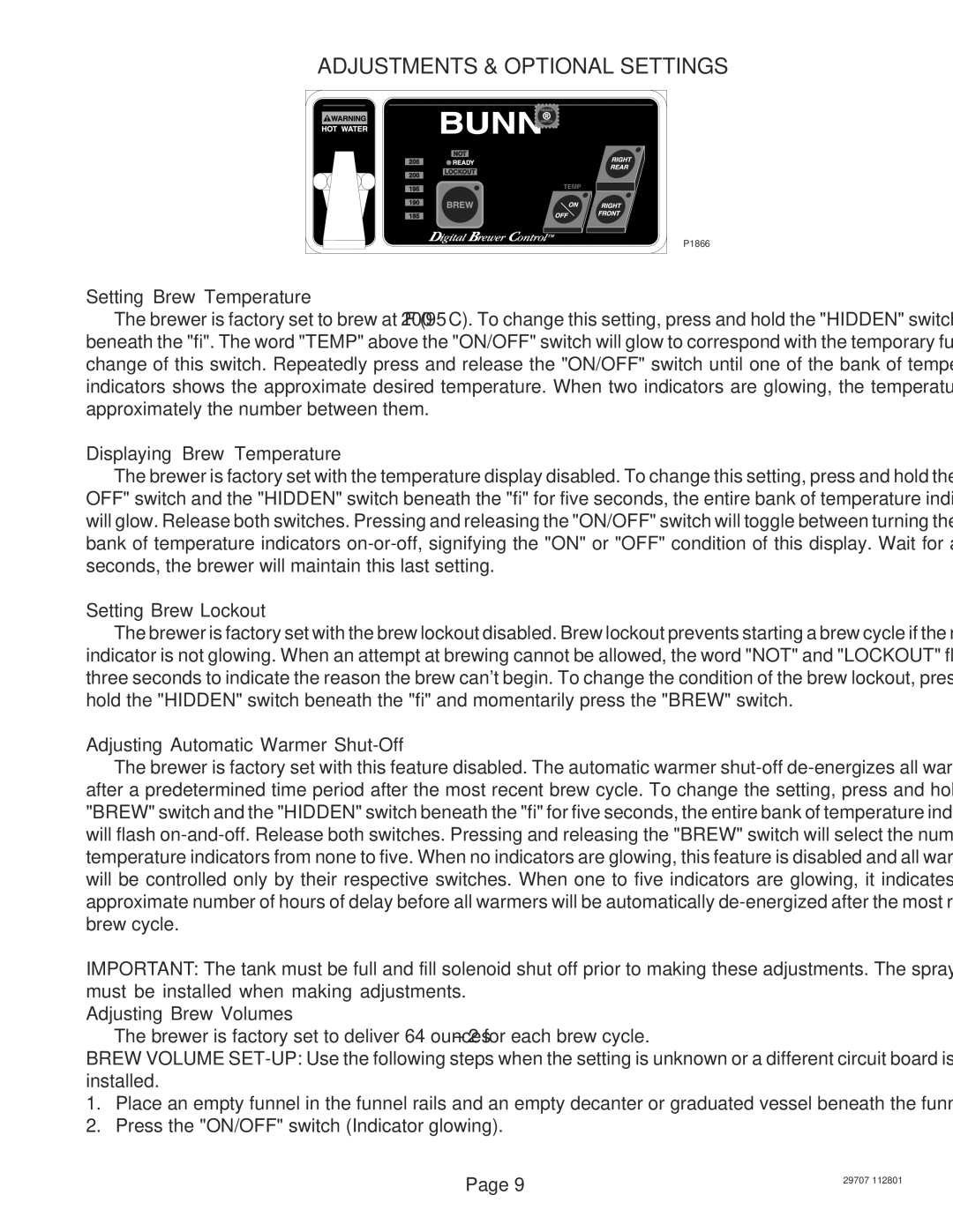 Bunn CDBC-MV Adjustments & Optional Settings, Setting Brew Temperature, Displaying Brew Temperature, Setting Brew Lockout 