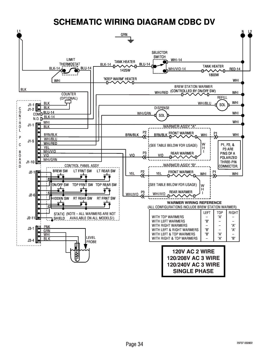 Bunn CDBCF-MV, CDBCF-DV, CDBC APS-DV Schematic Wiring Diagram Cdbc Dv, 120V AC 2 WIRE, N L2, Warmer Wiring Reference 
