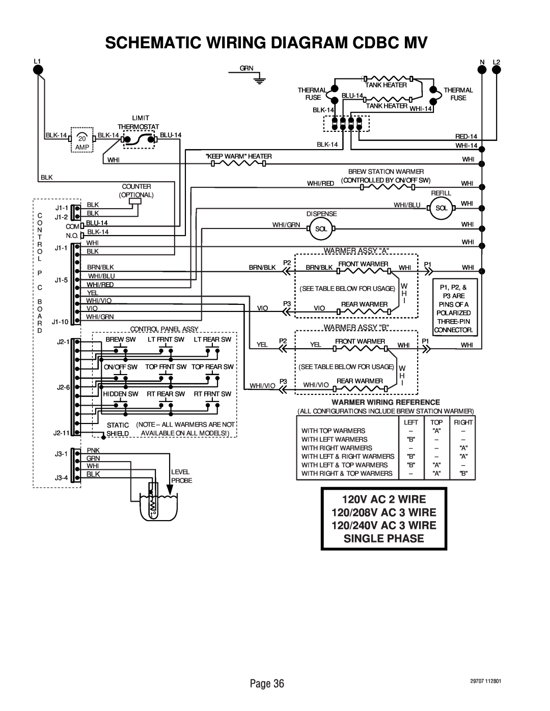 Bunn CDBC APS-DV, CDBCF-DV, CDBC-MV, CDBC-DV Schematic Wiring Diagram Cdbc Mv, 120V AC 2 WIRE, N L2, Warmer Wiring Reference 