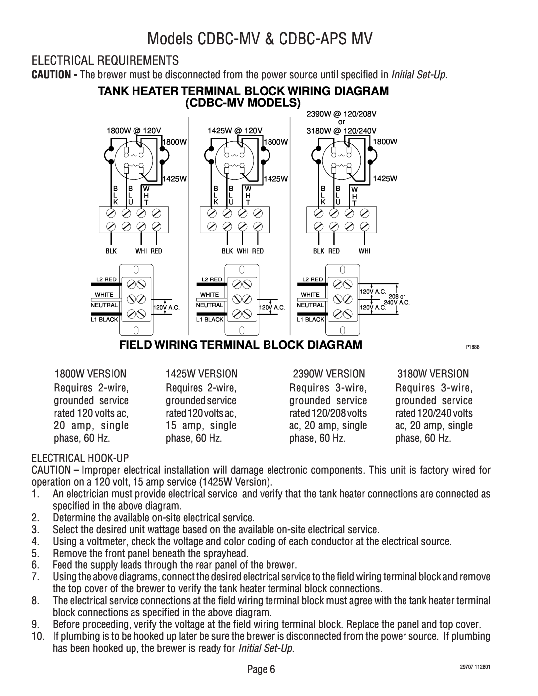Bunn CDBCF-MV, CDBCF-DV Models CDBC-MV& CDBC-APSMV, Electrical Requirements, Tank Heater Terminal Block Wiring Diagram 