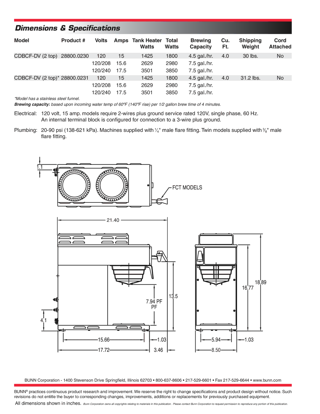 Bunn CDBCF-DV specifications Dimensions & Speciﬁcations, Model Product # Volts Amps, Shipping Cord Watts Capacity, Attached 