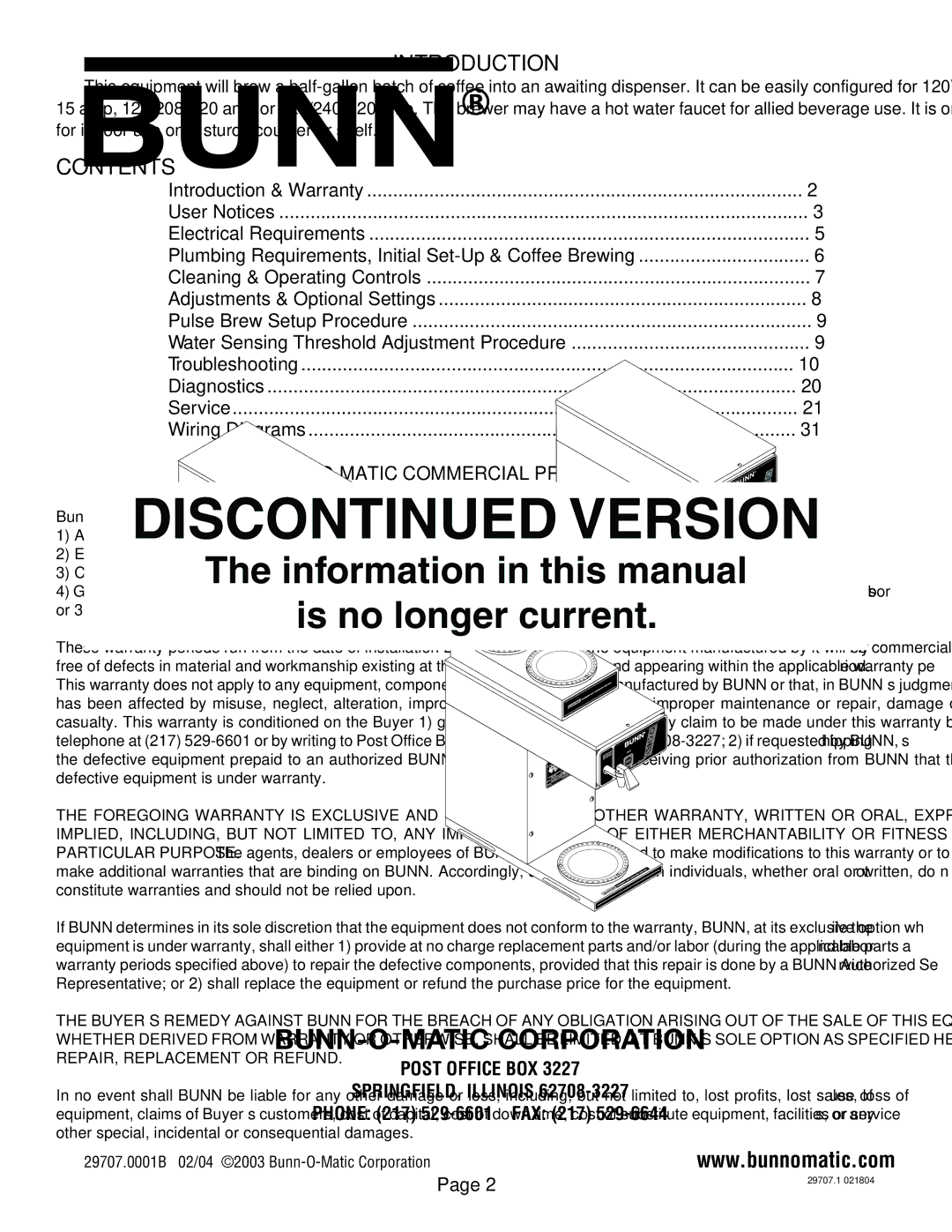 Bunn CDBC APS, CDBCF TC, CDBCF APS, CDBC TC manual Introduction, Contents 