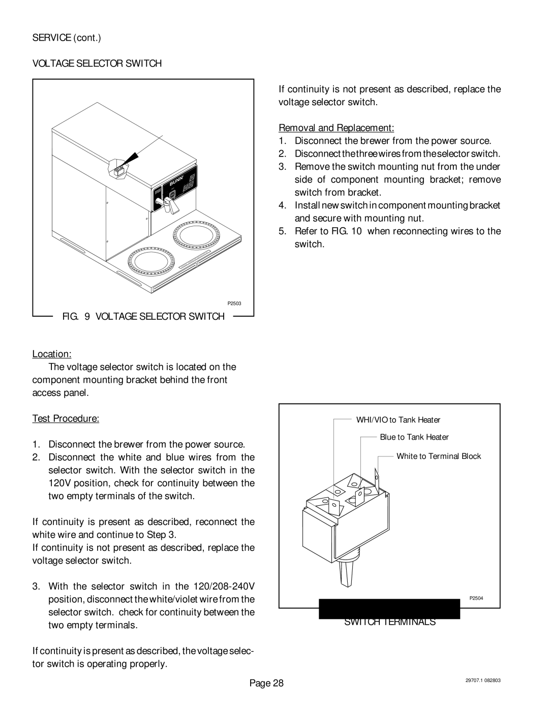 Bunn CDBCF TC, CDBCF APS, CDBC APS, CDBC TC manual Voltage Selector Switch Terminals 