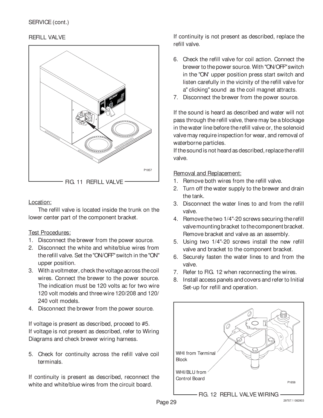 Bunn CDBCF APS, CDBCF TC, CDBC APS, CDBC TC manual Refill Valve 