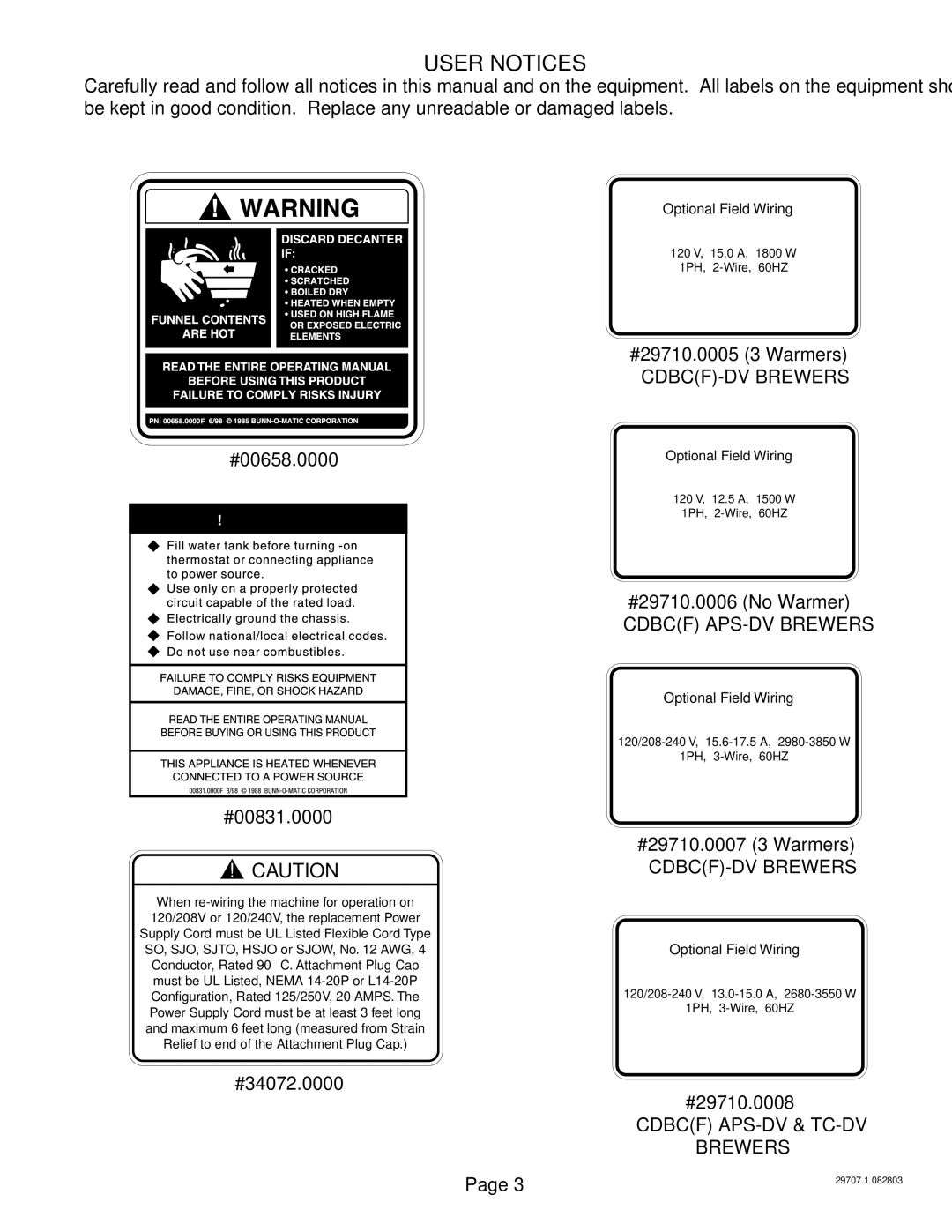 Bunn CDBC TC, CDBCF TC, CDBCF APS manual User Notices, CDBCF-DV Brewers, Cdbcf APS-DV Brewers, Cdbcf APS-DV & TC-DV Brewers 