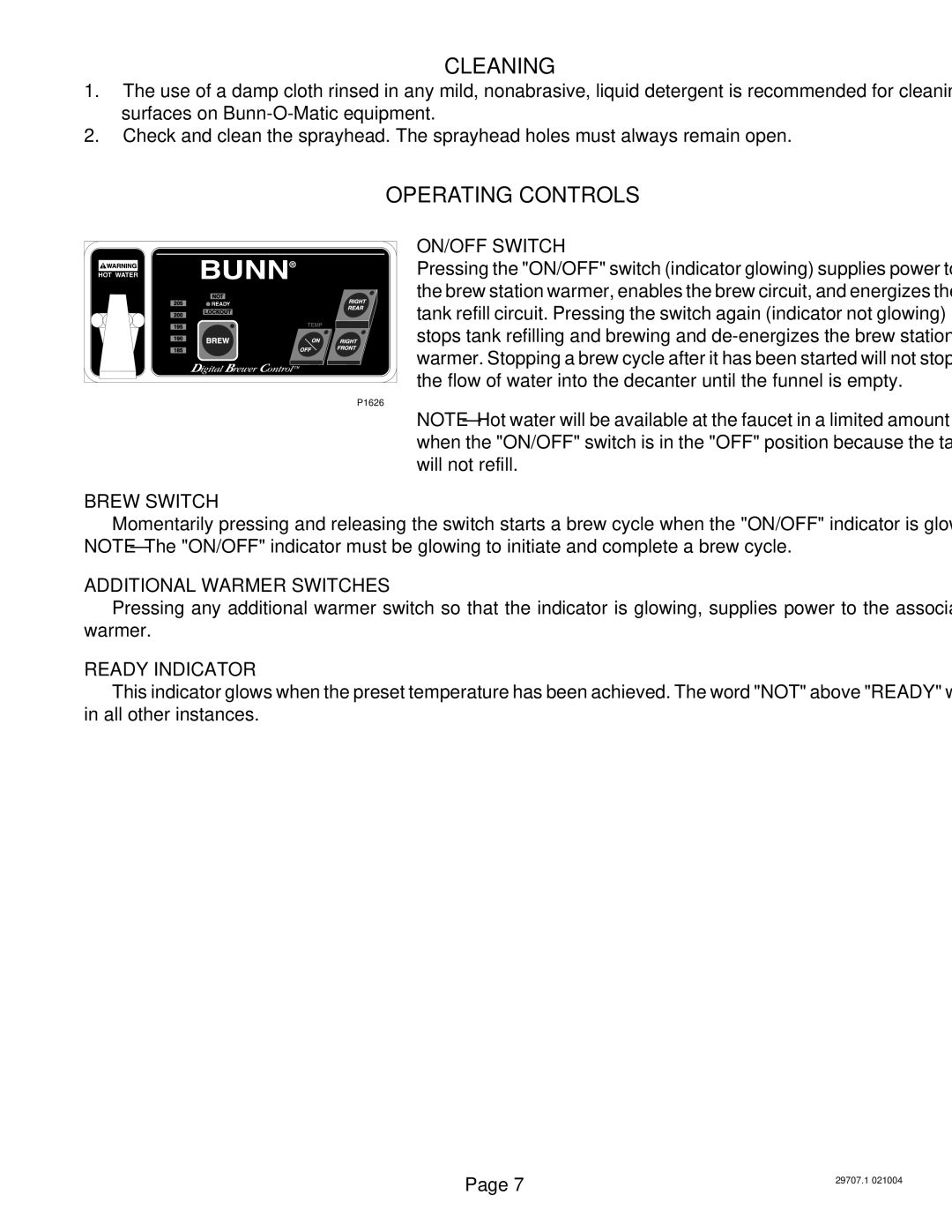 Bunn CDBC TC, CDBCF TC, CDBCF APS, CDBC APS manual Cleaning, Operating Controls 