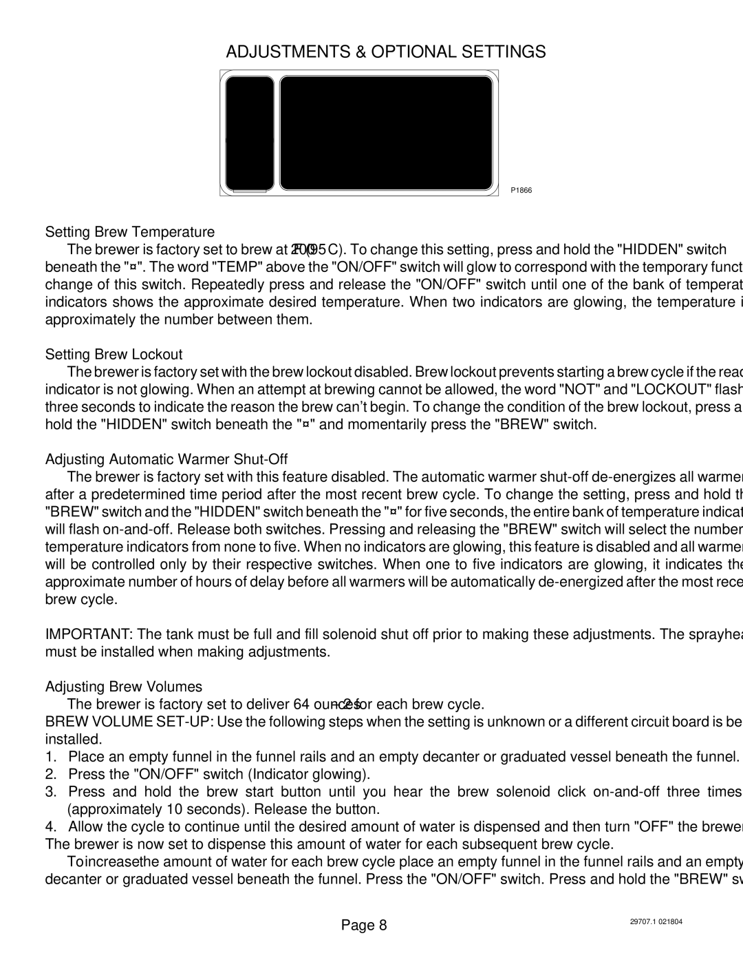 Bunn CDBCF TC, CDBCF APS, CDBC APS, CDBC TC manual Adjustments & Optional Settings, Setting Brew Temperature 