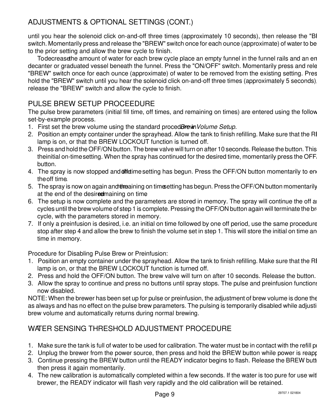 Bunn CDBCF APS, CDBCF TC, CDBC APS Pulse Brew Setup Proceedure, Water Sensing Threshold Adjustment Procedure, Now disabled 