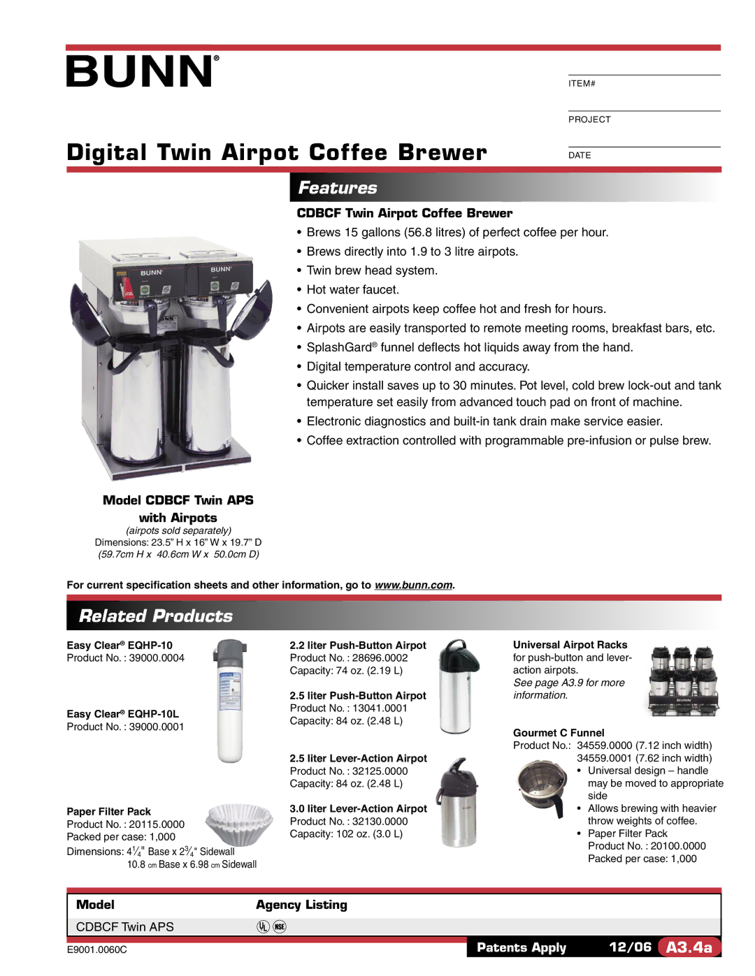 Bunn CDBCF TWIN APS specifications Digital Twin Airpot Coffee Brewer, Features, Related Products 