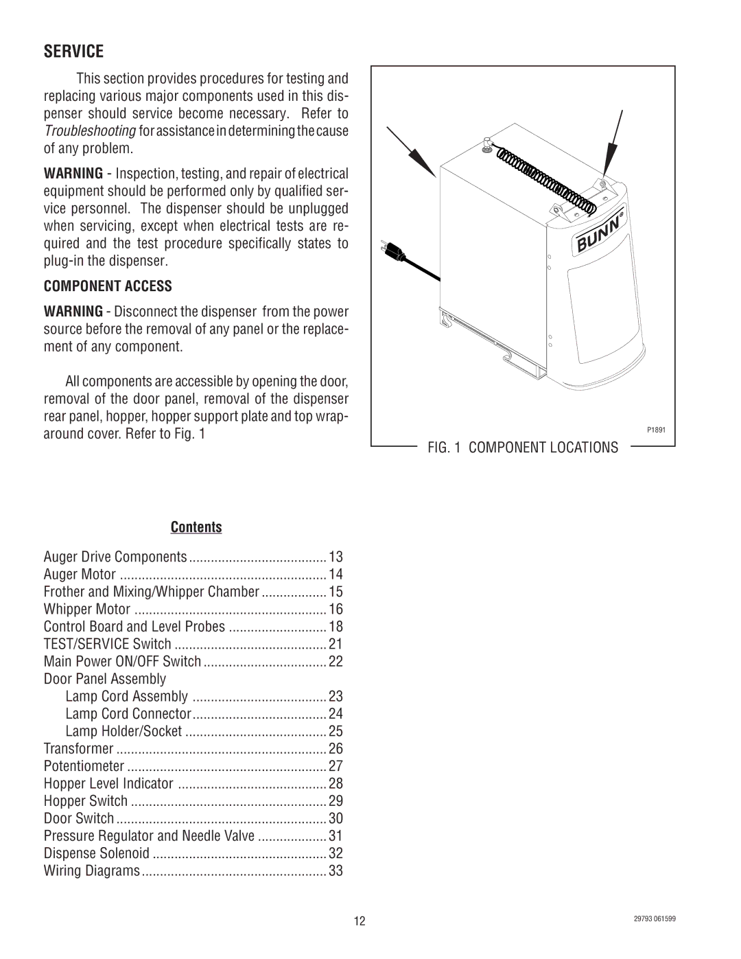 Bunn CDS-3, CDS-2 service manual Service, Component Access, Contents 