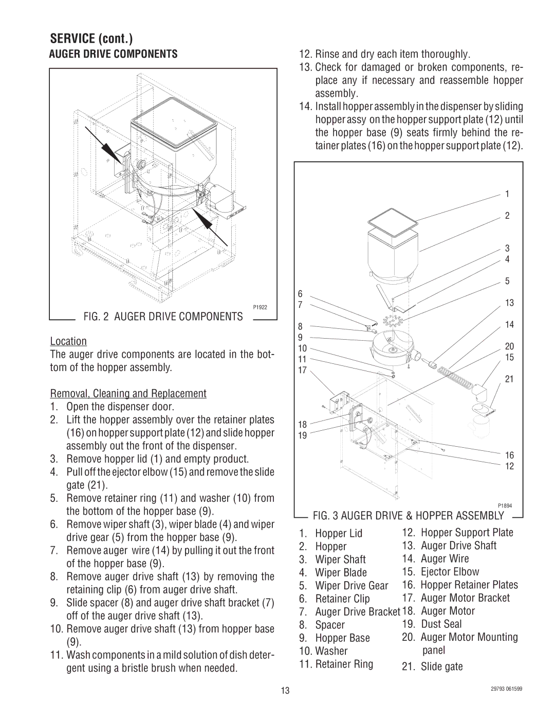 Bunn CDS-2, CDS-3 service manual Auger Drive Components, Hopper Lid, Retainer Clip, Spacer Dust Seal Hopper Base 