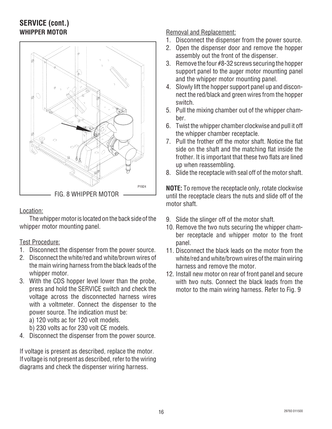 Bunn CDS-3, CDS-2 service manual Whipper Motor, Volts ac for 120 volt models Volts ac for 230 volt CE models 