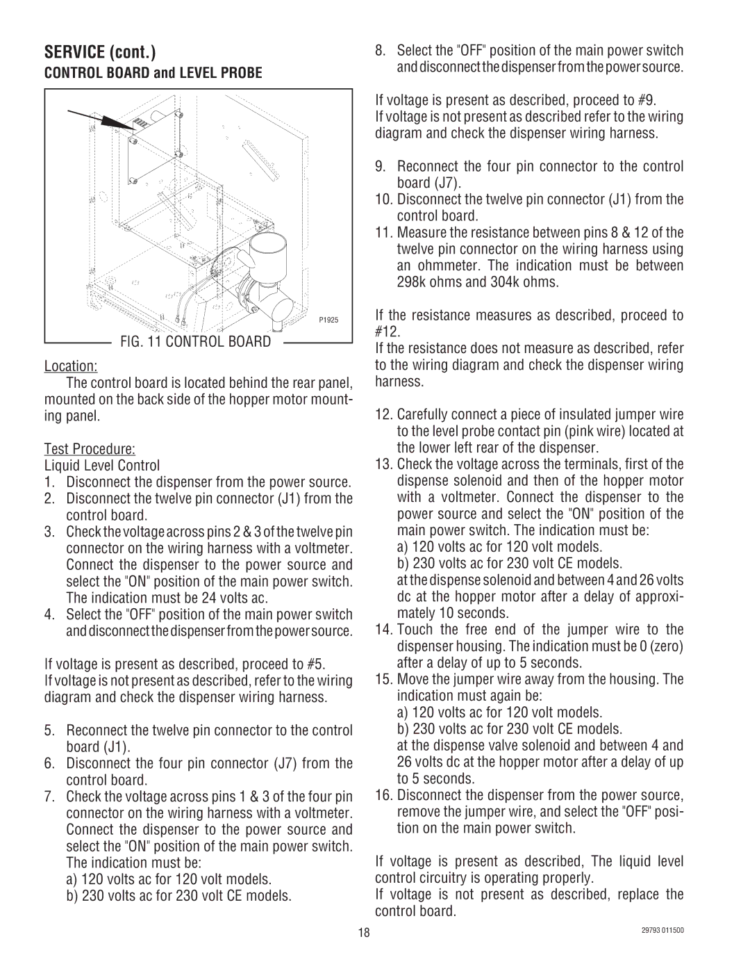 Bunn CDS-3, CDS-2 service manual Control Board and Level Probe, If voltage is present as described, proceed to #5 