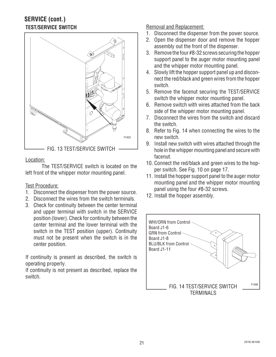 Bunn CDS-2, CDS-3 service manual TEST/SERVICE Switch, Location, Disconnect the wires from the switch terminals 