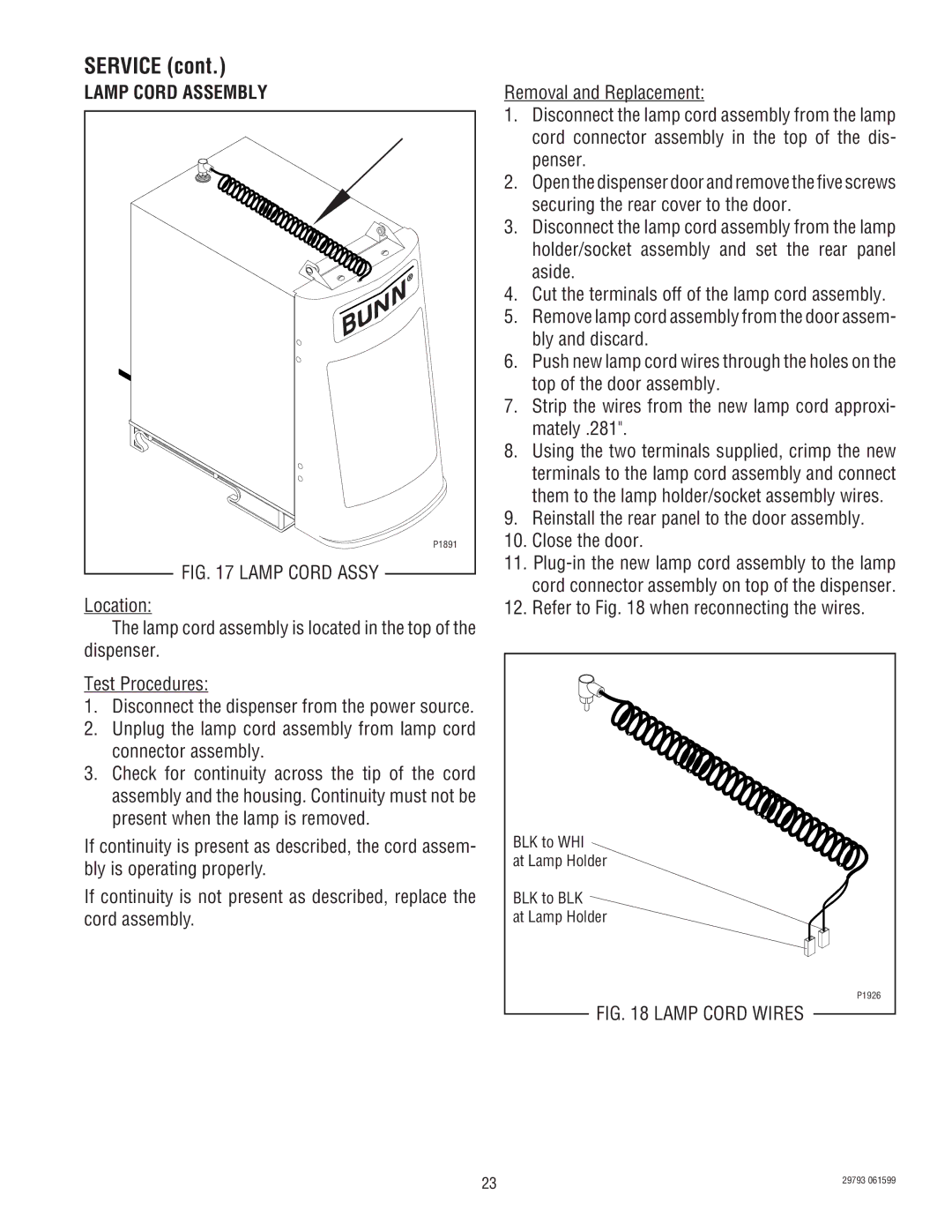 Bunn CDS-2, CDS-3 service manual Lamp Cord Assembly, Refer to when reconnecting the wires 