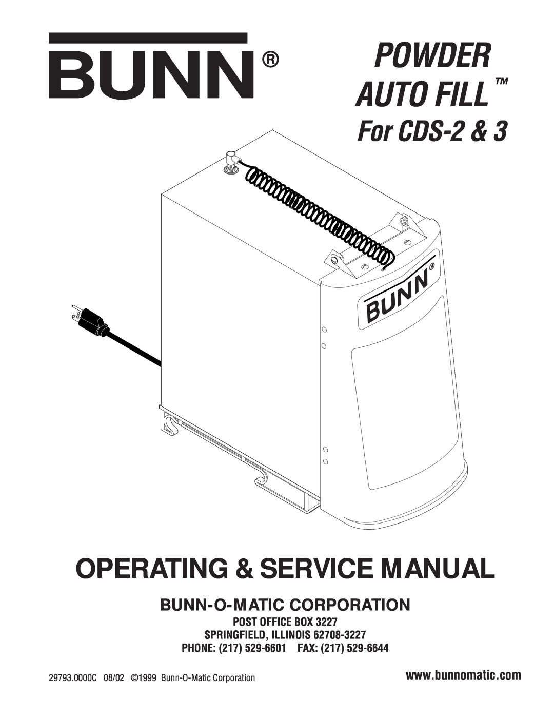 Bunn CDS-3 manual Post Office Box Springfield, Illinois, PHONE 217 529-6601FAX, Powder Auto Fill, For CDS-2 