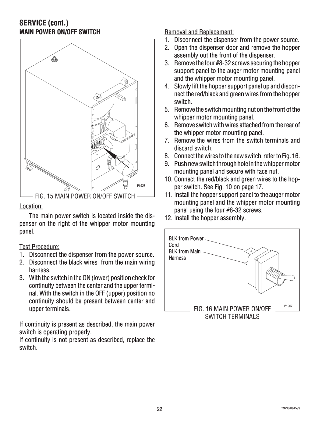 Bunn CDS-3, CDS-2 service manual Main Power On/Off Switch, SERVICE cont 