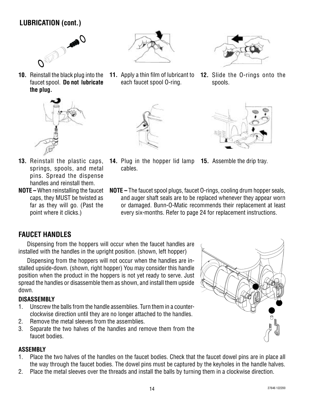 Bunn CDS-3 service manual Lubrication, Faucet Handles, Disassembly, Assembly 