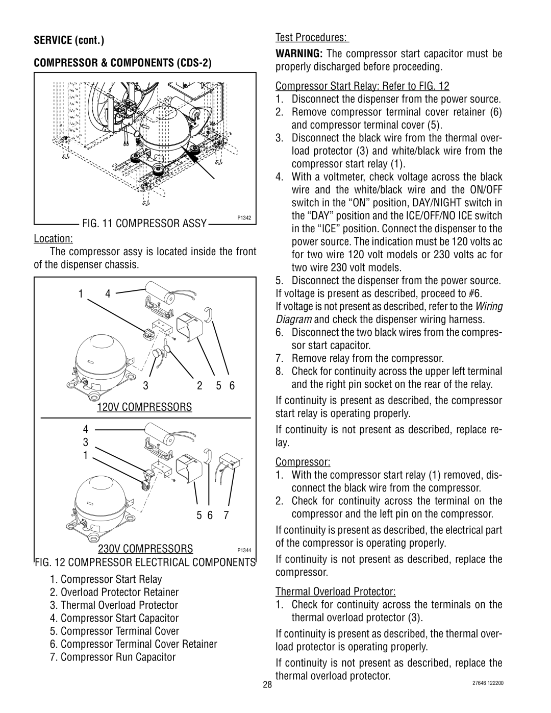 Bunn CDS-3 Properly discharged before proceeding, Compressor Start Relay Refer to FIG, Compressor terminal cover, Lay 