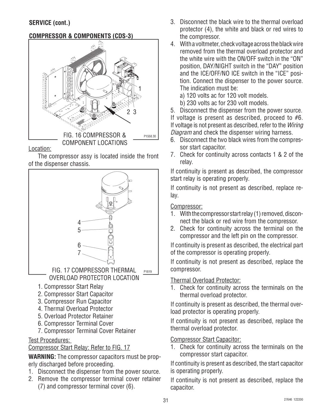 Bunn service manual Compressor & Components CDS-3, Compressor Thermal P1819 Overload Protector Location 