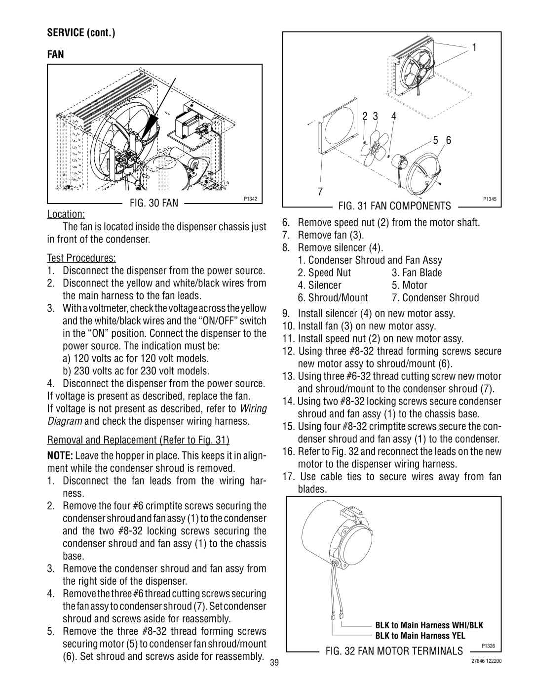 Bunn CDS-3 service manual Fan, Use cable ties to secure wires away from fan blades 