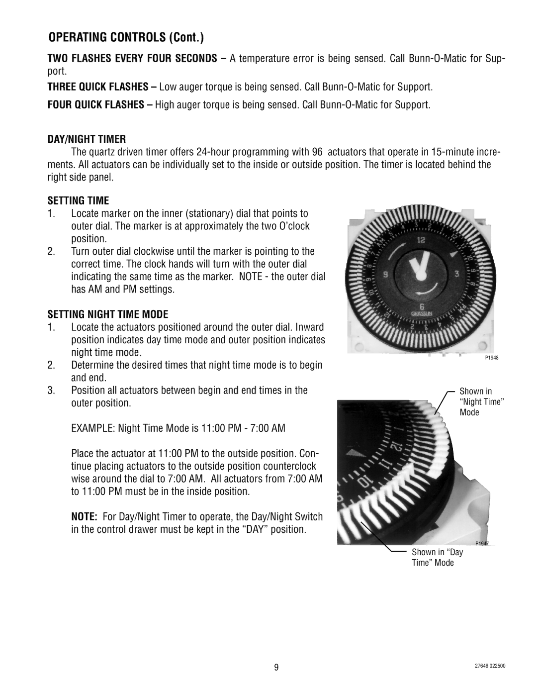 Bunn CDS-3 service manual Operating Controls, DAY/NIGHT Timer, Setting Time, Setting Night Time Mode 