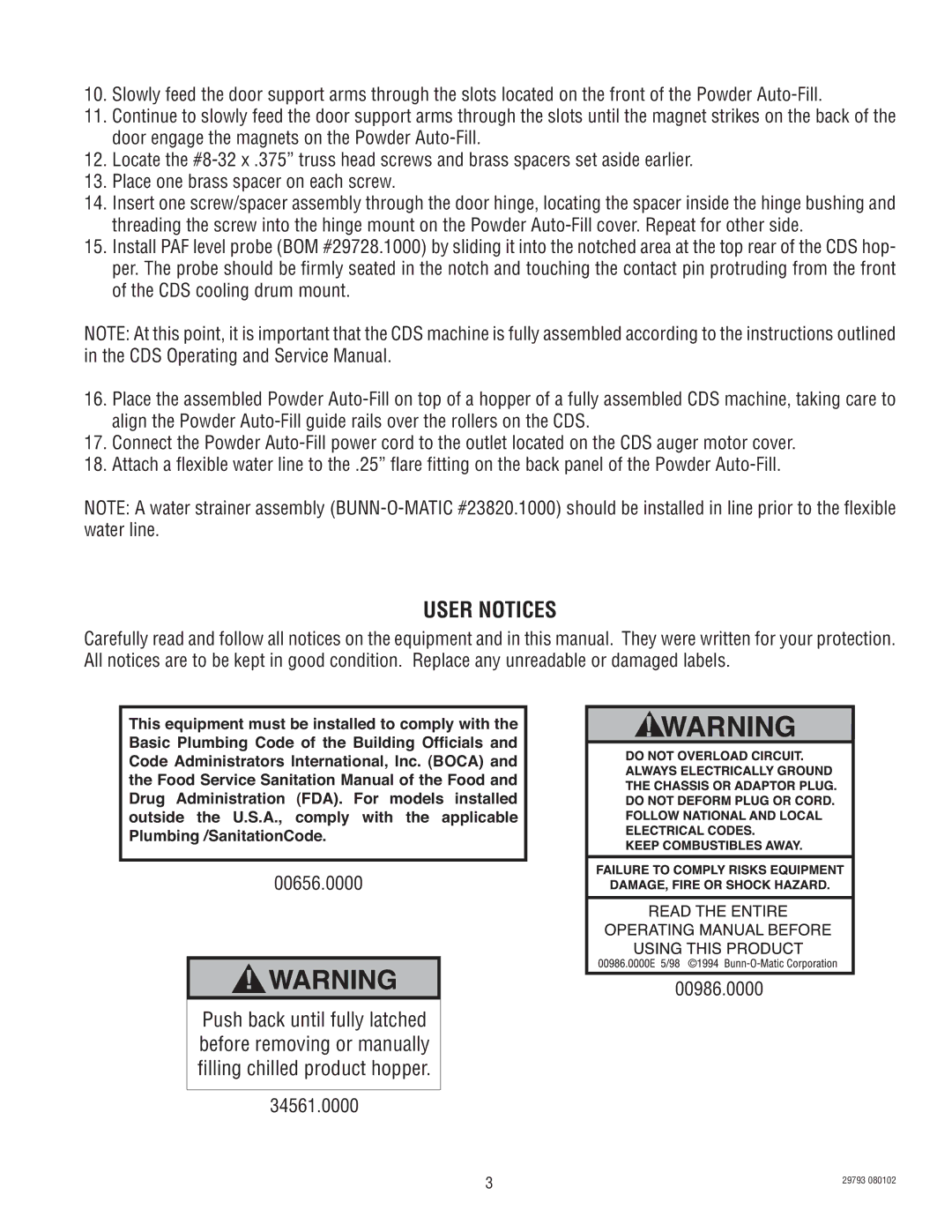 Bunn CDS-3 manual User Notices 