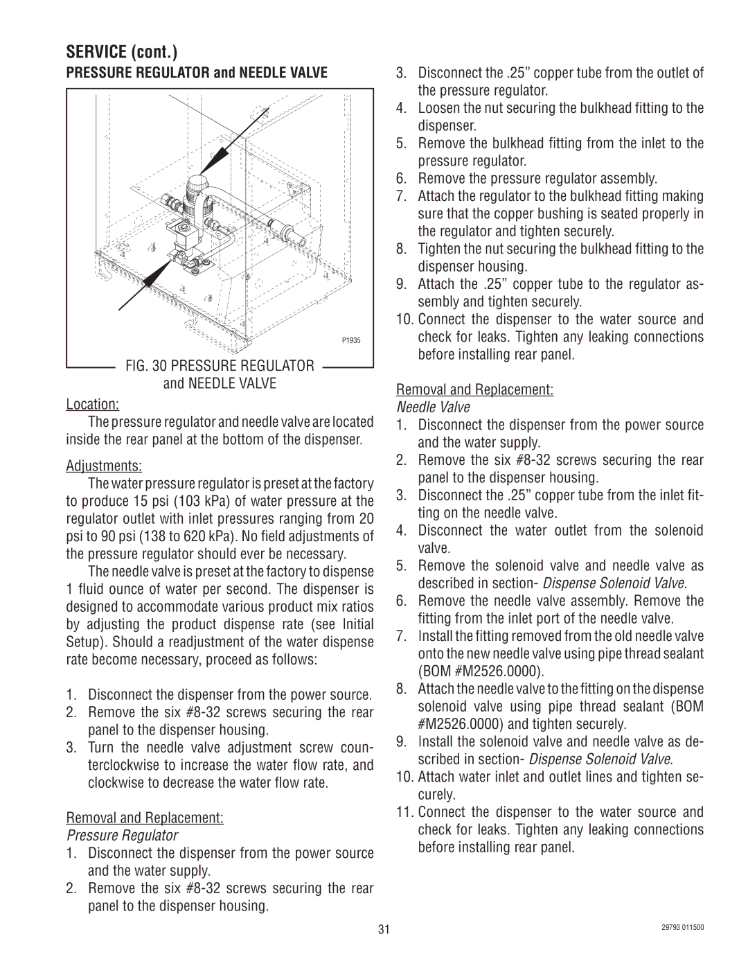 Bunn CDS-3 manual Pressure Regulator and Needle Valve, Adjustments 