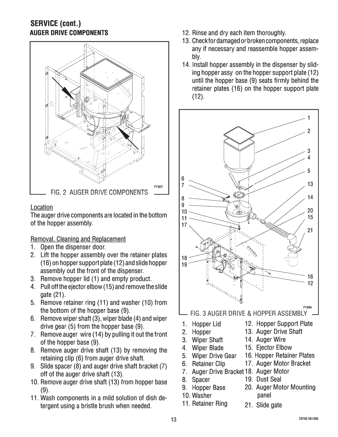 Bunn CDS-3 manual SERVICE cont, Auger Drive Components 